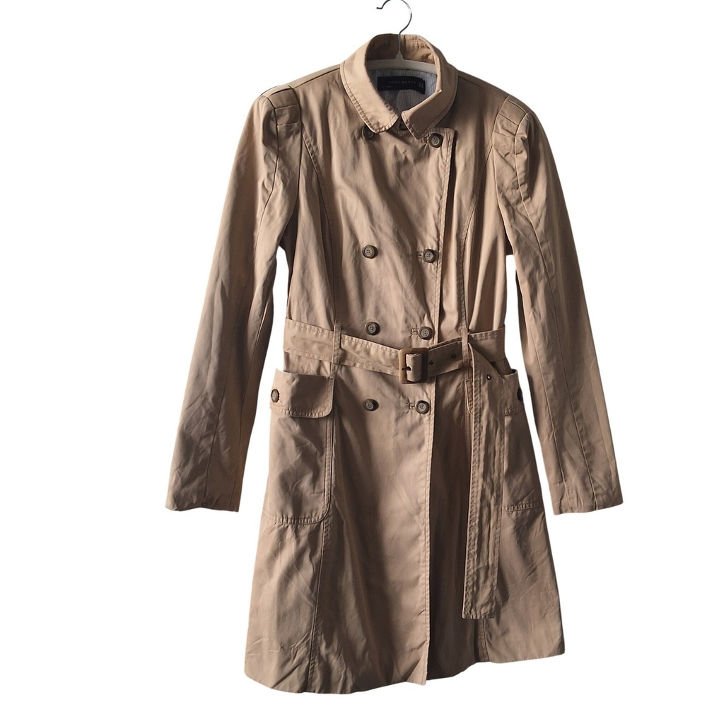 Zara Women M Double‎ Breasted Trench Coat Belted Cotton Outerwear Dark Academia